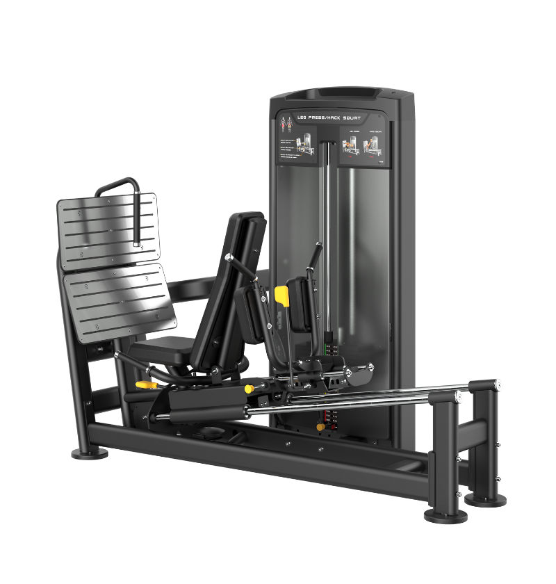 Black leg press hack squat machine with a white background