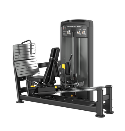 Black leg press hack squat machine with a white background