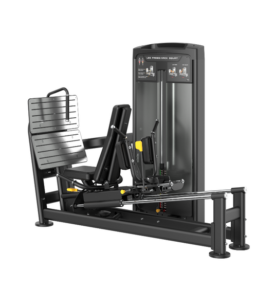 Black leg press hack squat machine with a white background
