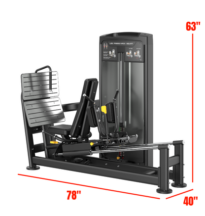 Leg press hack squat machine with dimensions indicated on a white background