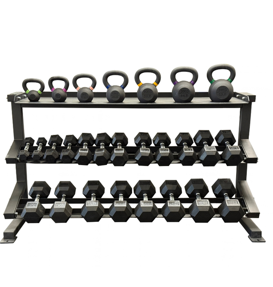 5-50lb Kettlebell/Dumbbell Package with 3 Tier 65" Combo Rack displayed  on a white background