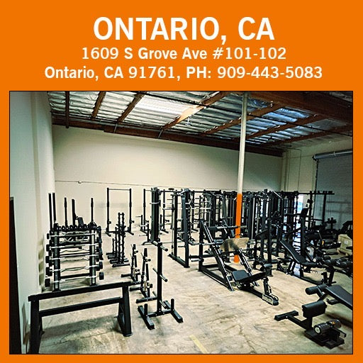 A gym in Ontario, CA, featuring various weights and fitness equipment in the background.