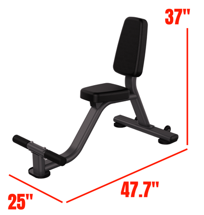 Commercial tricep seat with foot rest with red dimension lines and measurements showing 37 inches height, 47.7 inches width, and 25 inches depth on a white background.