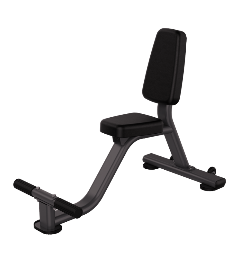 A black tricep seat with foot rest with a padded backrest and seat, shown on a plain white background.
