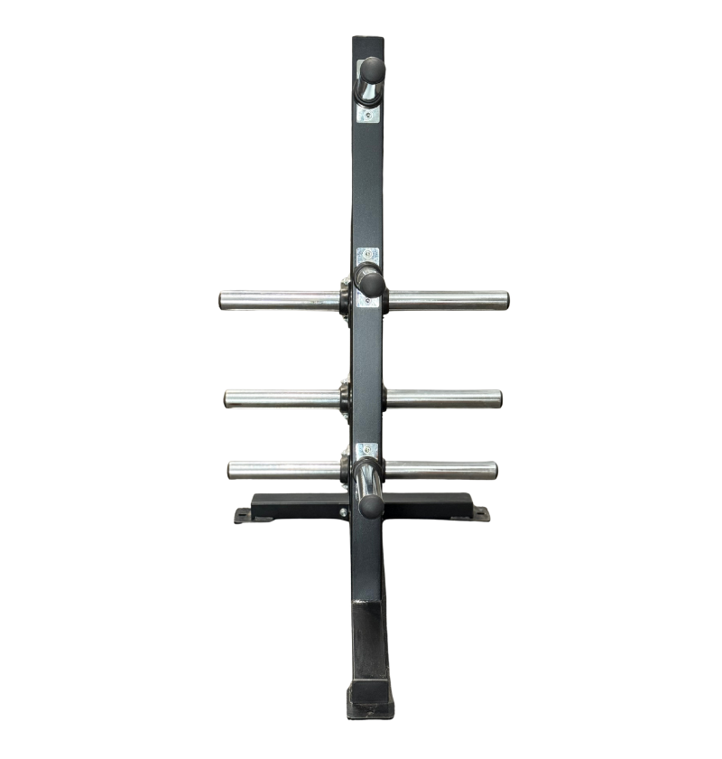 Black metal olympic plate rack with multiple weight holders on a white background