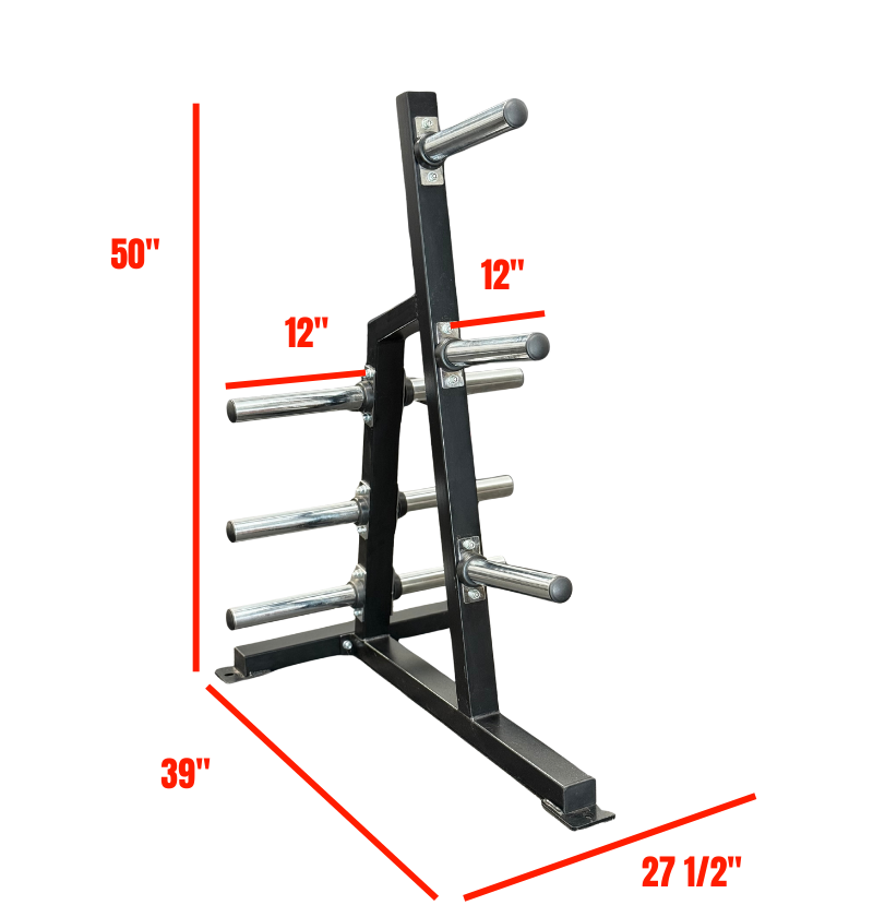 Black weight rack with dimensions marked on a white background