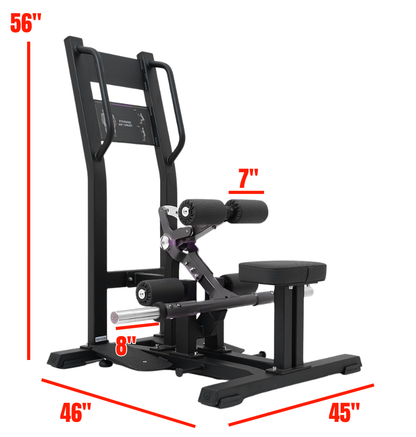 Black standing hip thrust machine with red dimensions markings on a white background