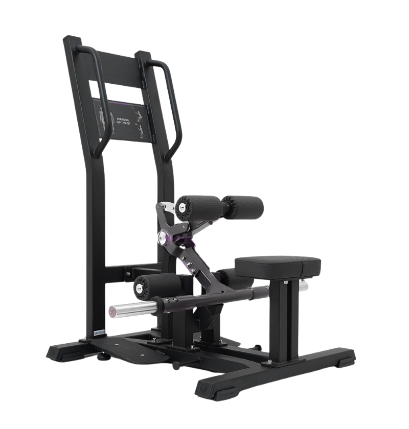 Black standing hip thrust machine on a white background