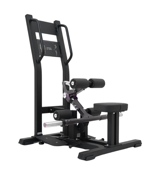 Black standing hip thrust machine on a white background