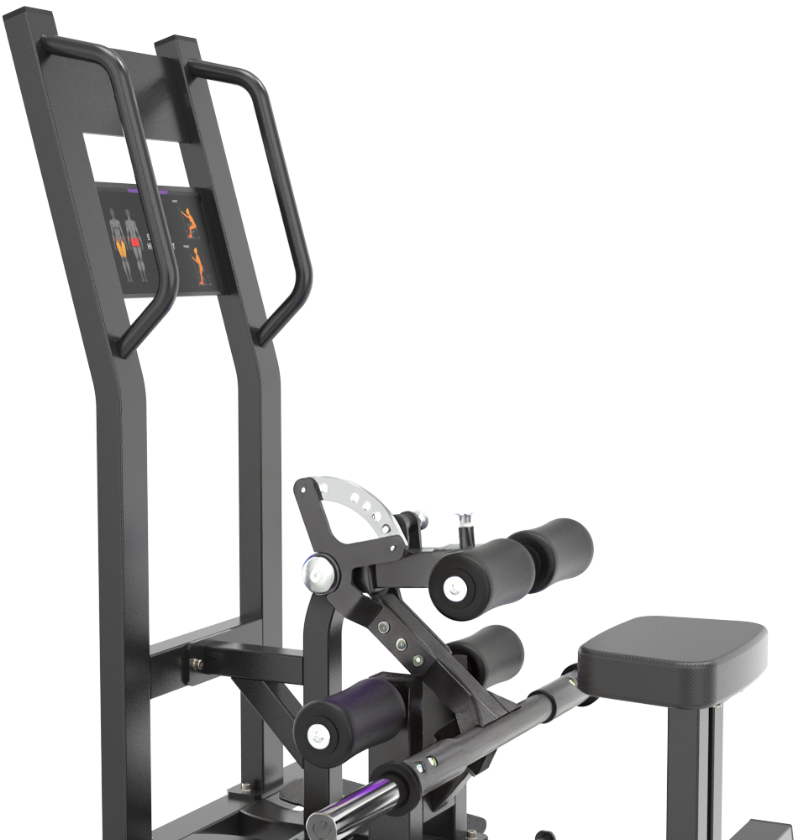Close-up of a black standing hip thrust machine on a white background