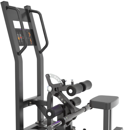 Close-up of a black standing hip thrust machine on a white background