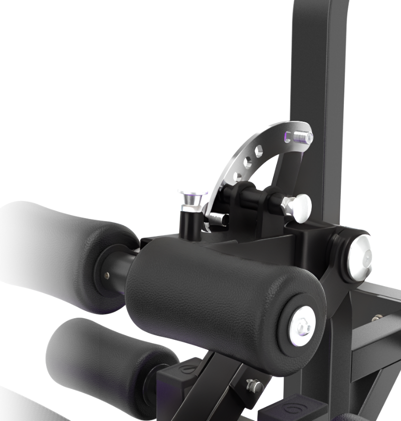Close-up of the roller pads on a black standing hip thrust machine on a white background
