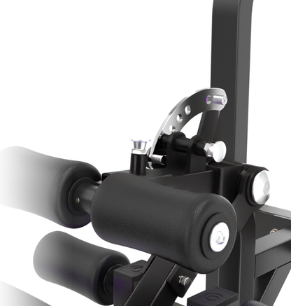 Close-up of the roller pads on a black standing hip thrust machine on a white background