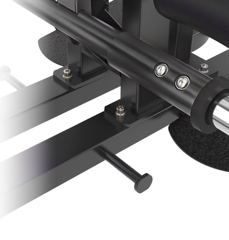Close-upof the band pegs on a black standing hip thrust machine on a white background
