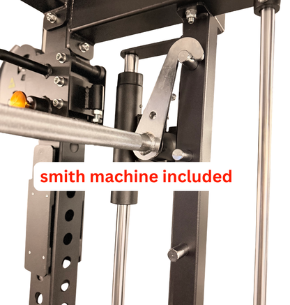 Close-up of the smith machine on the black all-in-1 half rack.
