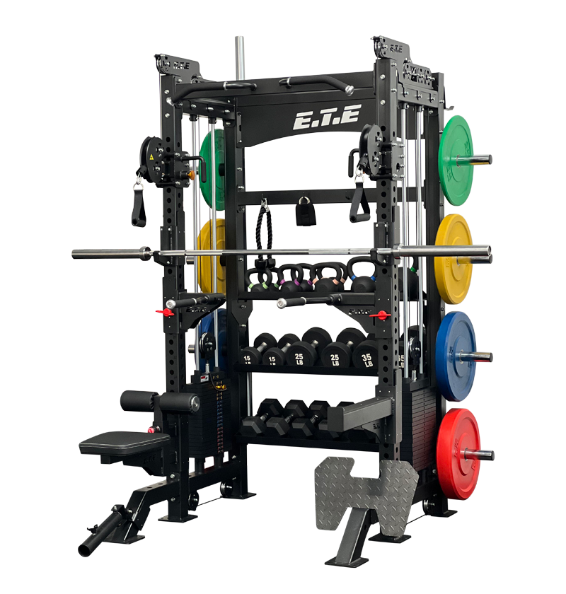 ETE Power Rack with multiple weights visible, designed as an all-in-one half rack with a functional trainer for comprehensive training.