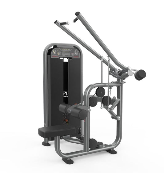 A gym machine, the PL7704 Lat Pulldown, includes a pull-up bar and a squat rack for comprehensive strength training.