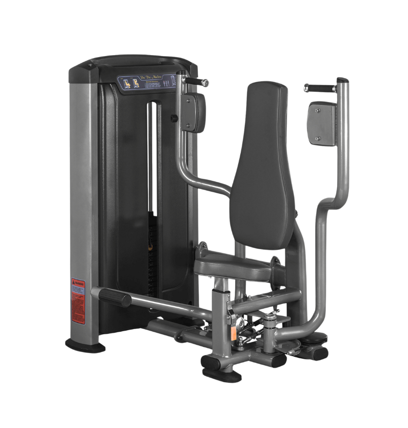 Pec Dec black workout machine on a white background