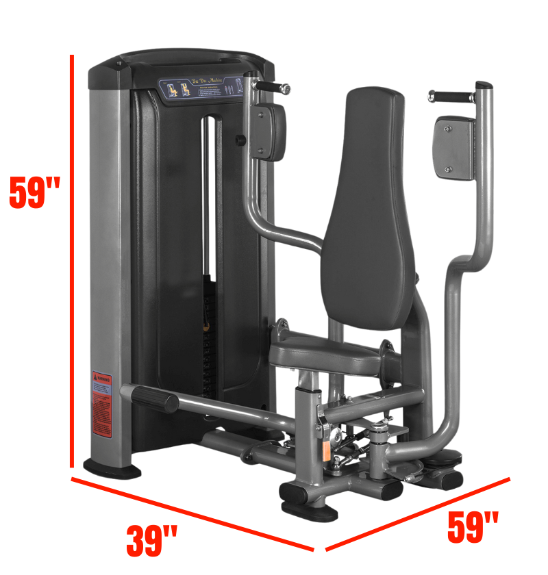 Pec Dec workout machine with labeled dimensions 