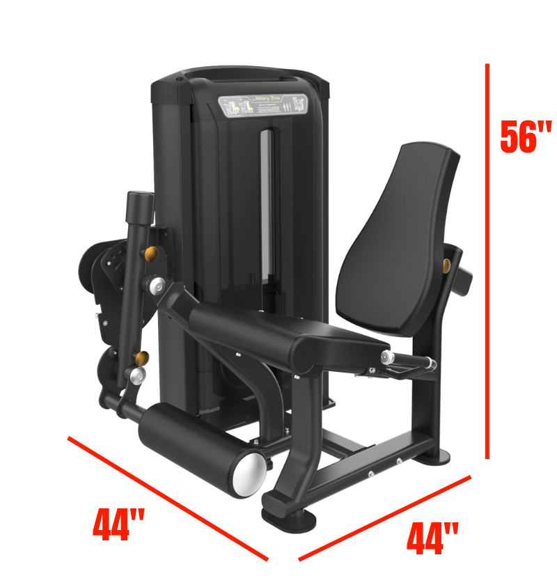 Leg extension machine labeled with dimensions 