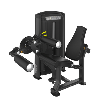 Seated Leg Curl black workout machine on white background