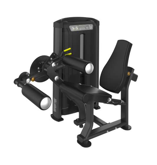 Seated Leg Curl black workout machine on white background
