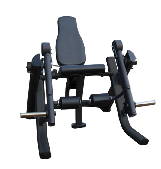 Black seated plate loaded leg extension machine on a white background.