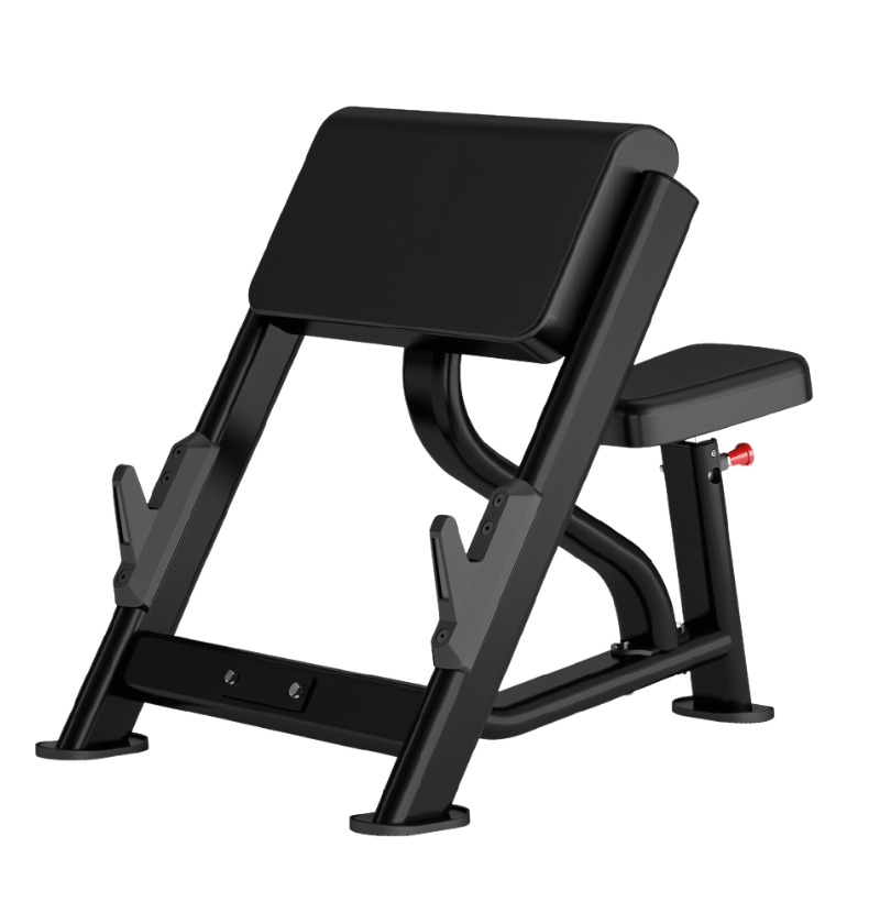 Black preacher curl bench with 30 degree arm pad and 10 degree seat shown on a plain white background.