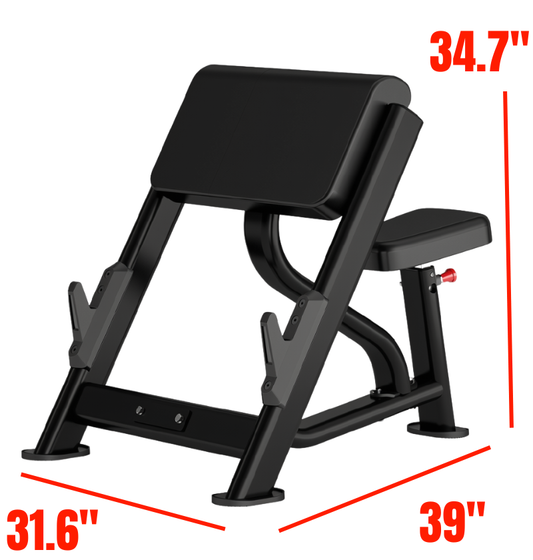 Black preacher curl bench with red dimension lines and measurements showing 31.6 inches width, 34.