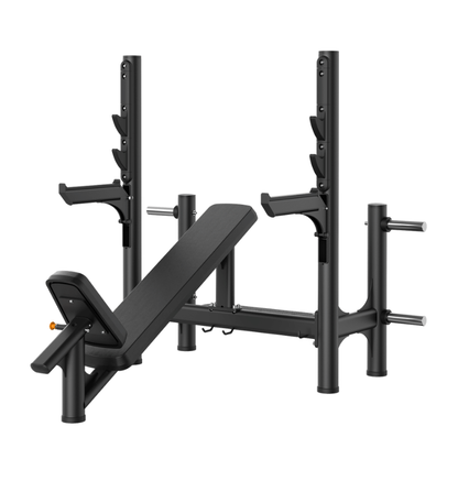 Black incline olympic bench press on a white background