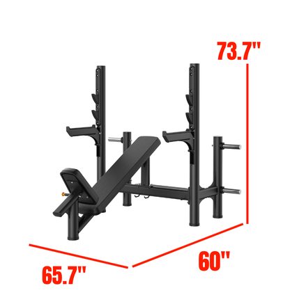 Black incline olympic bench press with measurements on a white background