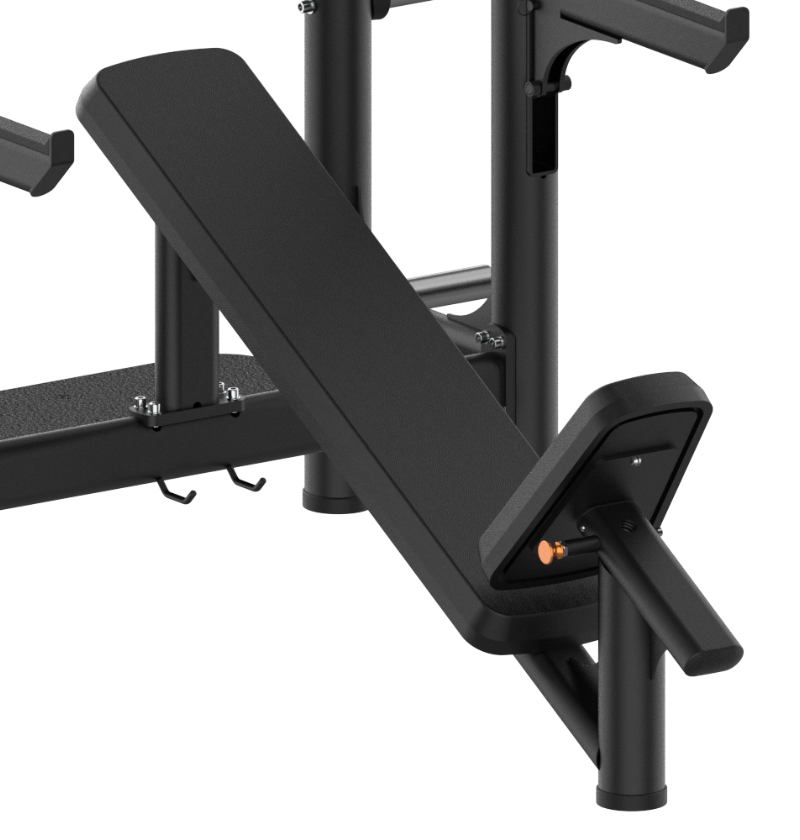 Black incline olympic bench press with a adjustable seat on a white background
