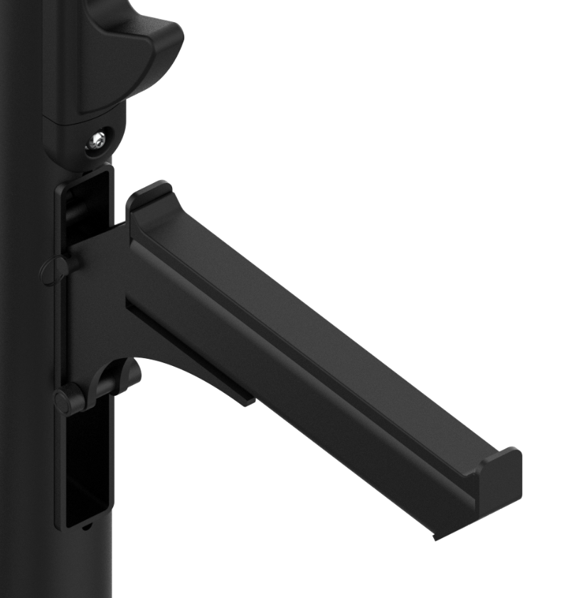 Close-up of the black safety arm on the incline olympic bench press