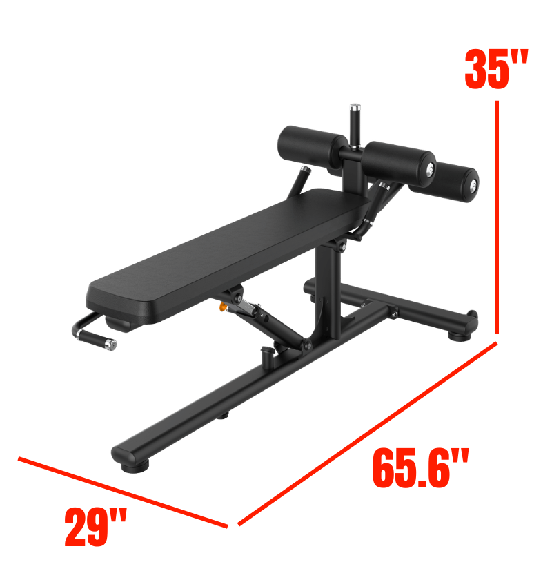 Black adjustable decline bench with measurements on a white background