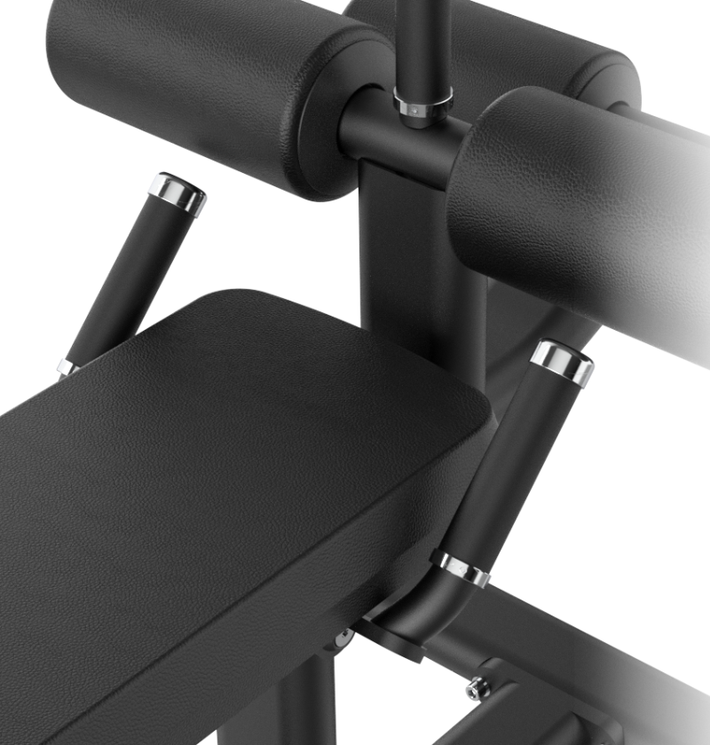 Black weight bench with adjustable rollers on a white background