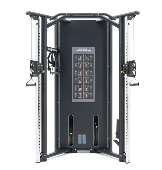 Functional trainer machine with exercise illustrations on a white background