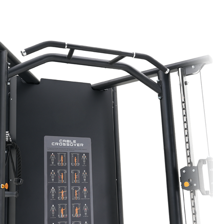 Gym cable crossover machine with exercise illustrations on a white background