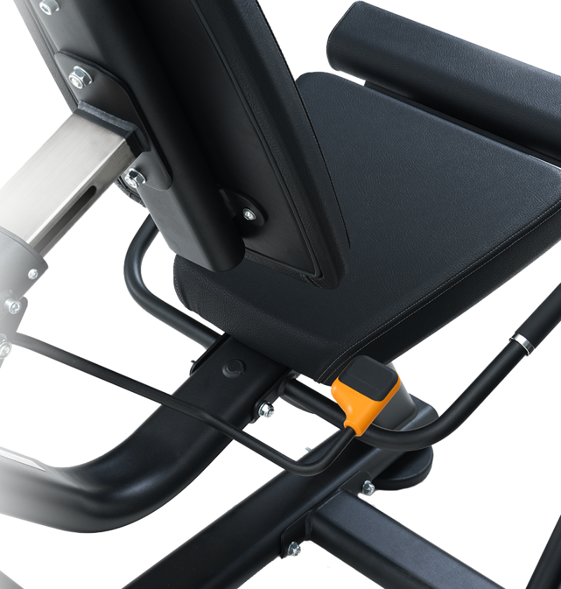 Close-up of the adjustable lever on the seated leg extension leg curl
