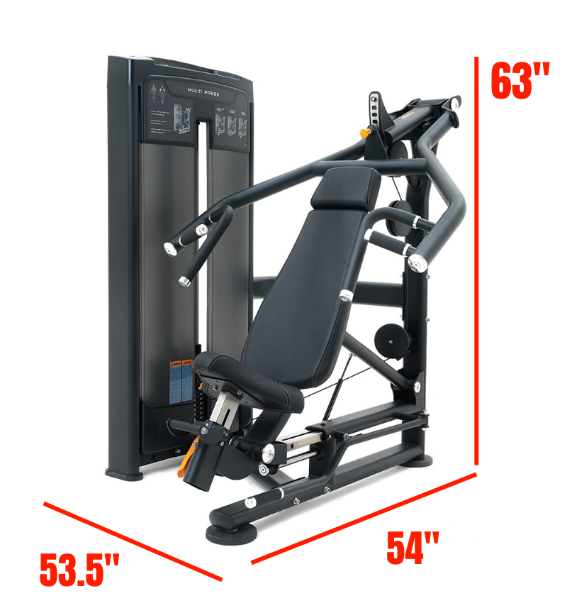 Black Metal Multi Press machine gym equipment labeled with dimensions 