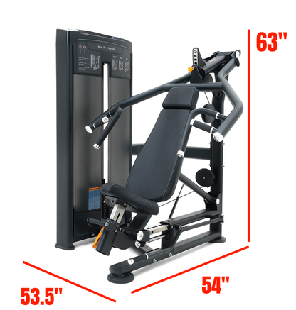 Black Metal Multi Press machine gym equipment labeled with dimensions 
