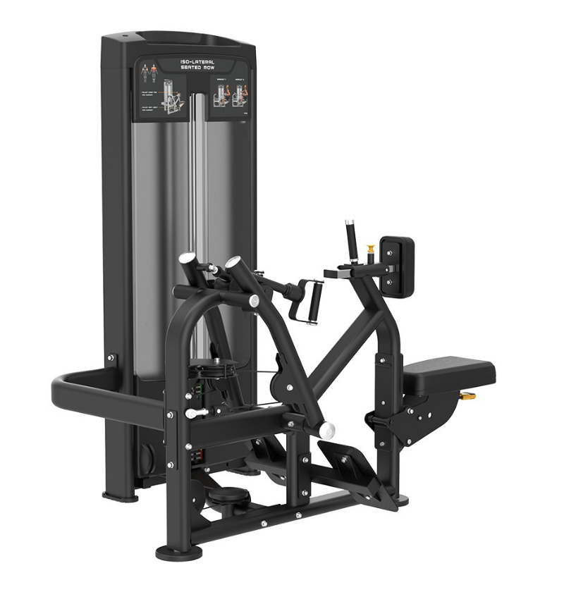Black Iso-Lateral Seated Row Exercise Machine on White Background 