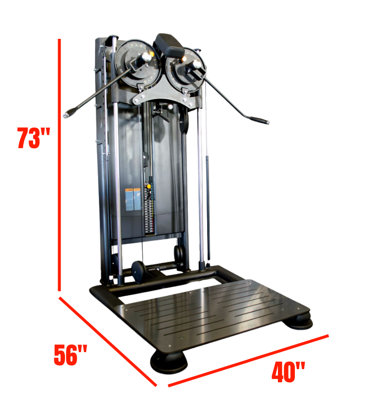 Standing Multi Flight exercise machine with labeled dimensions on white background  