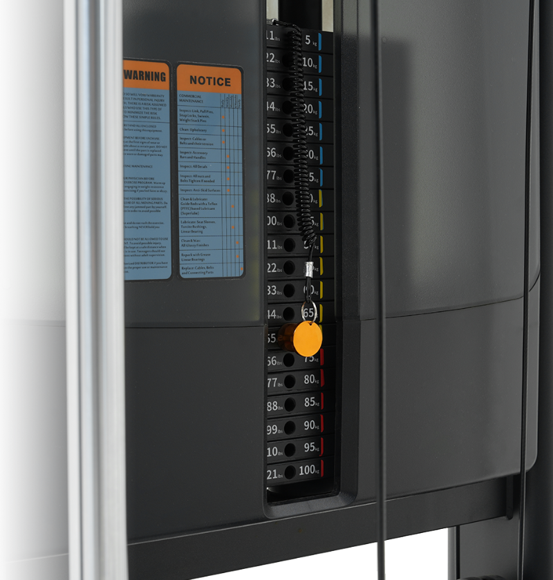 Close-up of the standing multi flight machine's 200lbs weight stack