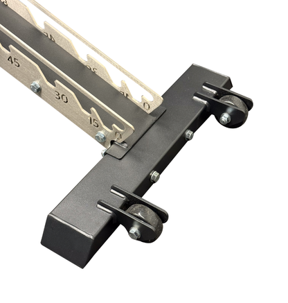 Fully Adjustable bench close up, easy mobility wheels, black metal gym equipment bench