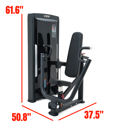 Chest Press Black Selectorized Gym Equipment Labeled with Dimensions 