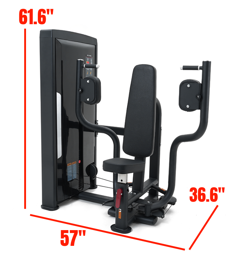 Pectoral Black Selectorized Gym Equipment Labeled with Dimensions 