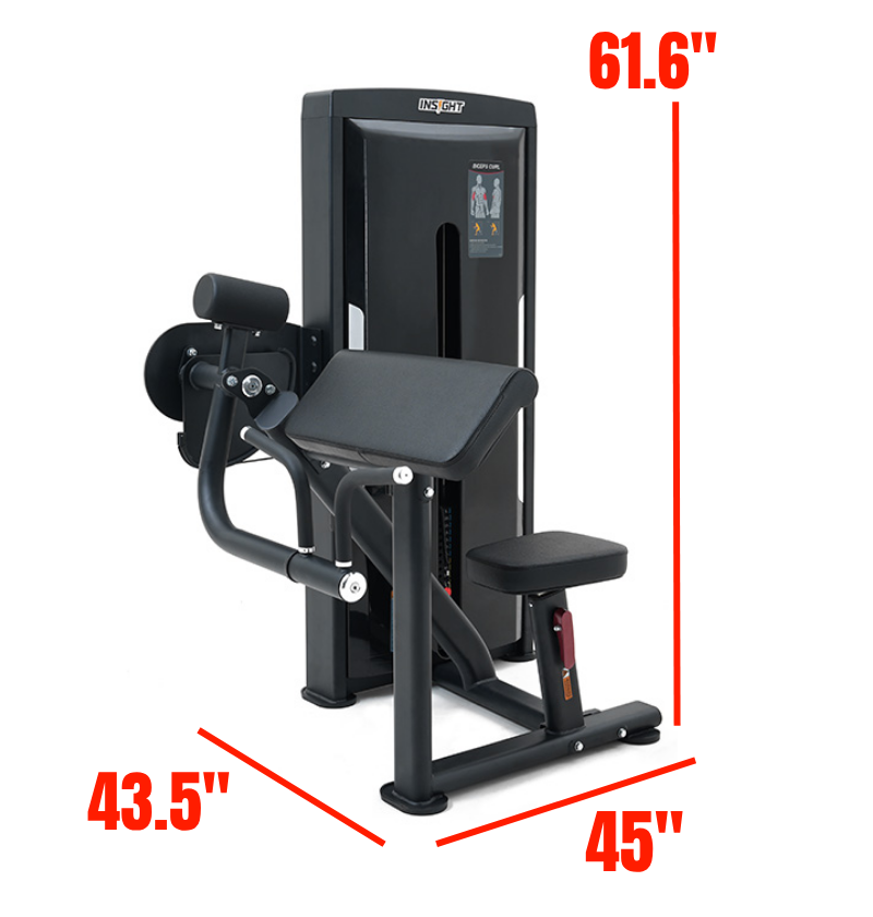 Bicep Curl Black Selectorized Gym Equipment Labeled with Dimensions 