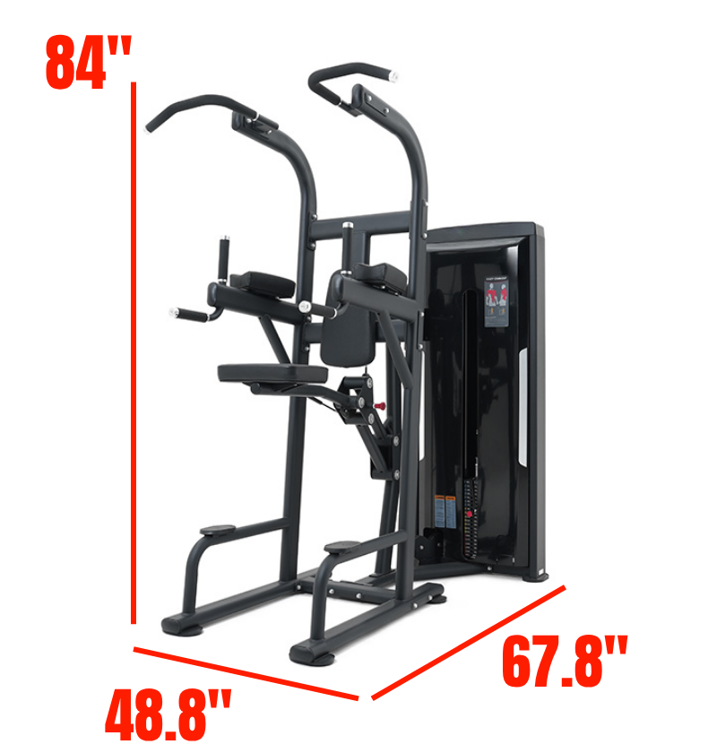 Assisted Chin Dip Black Selectorized Gym Equipment Labeled with Dimensions 