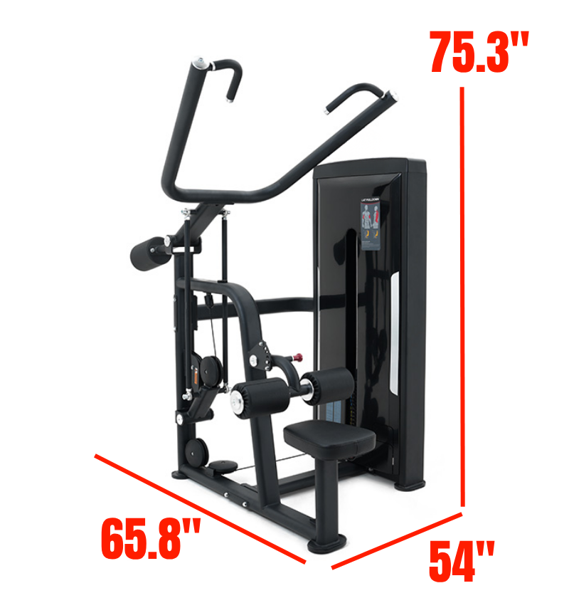 Lat Pulldown Black Selectorized Gym Equipment Labeled with Dimensions 