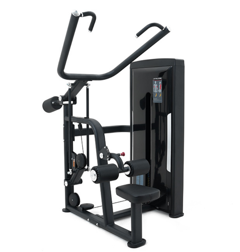 Lat Pulldown Black Selectorized Gym Equipment Displayed on a White Background 